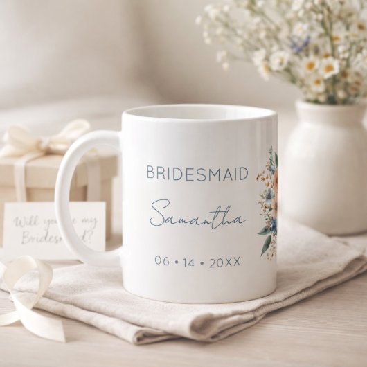 Bridesmaid Gift Blue Floral Personalized Koffiemok