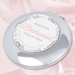 Bridesmaid Gift Compact Mirror Pink Silver Handtas Spiegeltje