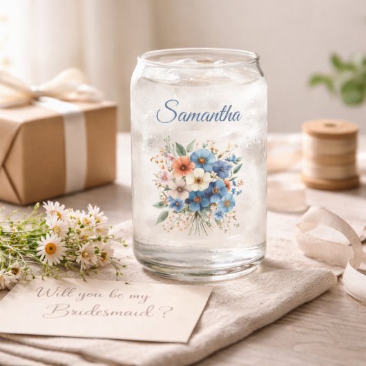 Bridesmaid Gift Elegant Blue Floral Personalized Blikvorm Glas