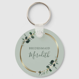 Bridesmaid Gift Eucalyptus Gold Monogram Slot Sleutelhanger