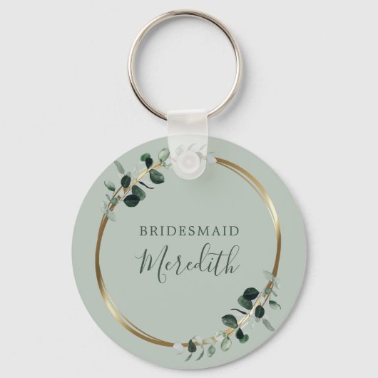 Bridesmaid Gift Eucalyptus Gold Monogram Slot Sleutelhanger (Voorkant)