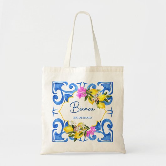 Bridesmaid gift Lemon Blue tegels, aangepaste naam Tote Bag (Voorkant)