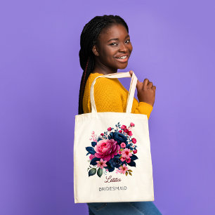 Bridesmaid giften, douanenaam navy blue roses tote bag