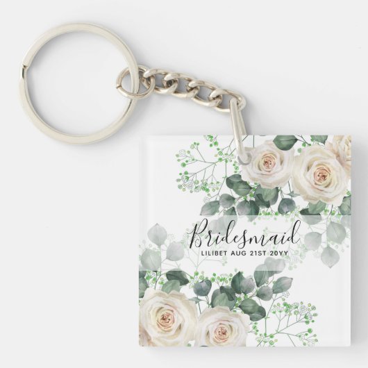 Bridesmaid Gifts White Roses Theme Gepersonaliseer Sleutelhanger (voorkant)