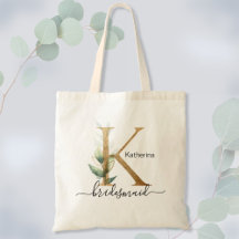 Bridesmaid Gold Leaf Greenery Foliage Monogram "K"