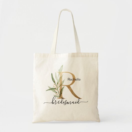 Bridesmaid Gold Leaf Greenery Foliage Monogram "R" Tote Bag (Voorkant)
