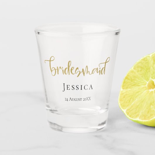 Bridesmaid Gold Script Name Date Typografie Shot Glas (Voorkant)