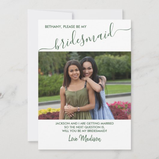 Bridesmaid Green en White Photo proposal card Kaart (Voorkant)