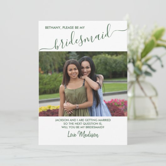 Bridesmaid Green en White Photo proposal card Kaart (Staand voorkant)