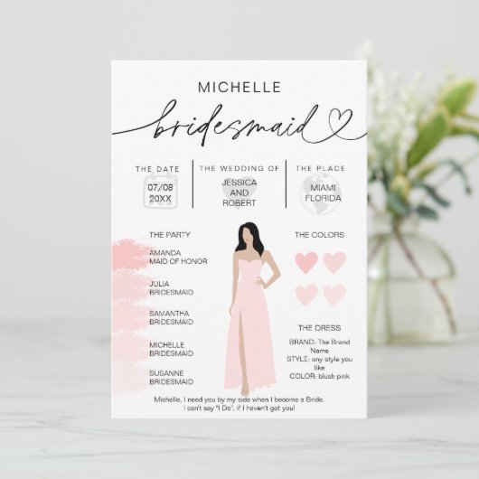 Bridesmaid Info Blush Pink Palette inv Kaart (Staand voorkant)