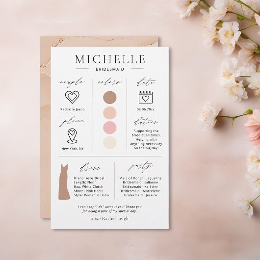 Bridesmaid Info, Colors, Date, Dress Kaart