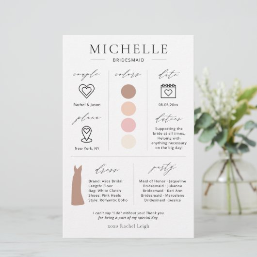 Bridesmaid Info, Colors, Date, Dress Kaart (Staand voorkant)