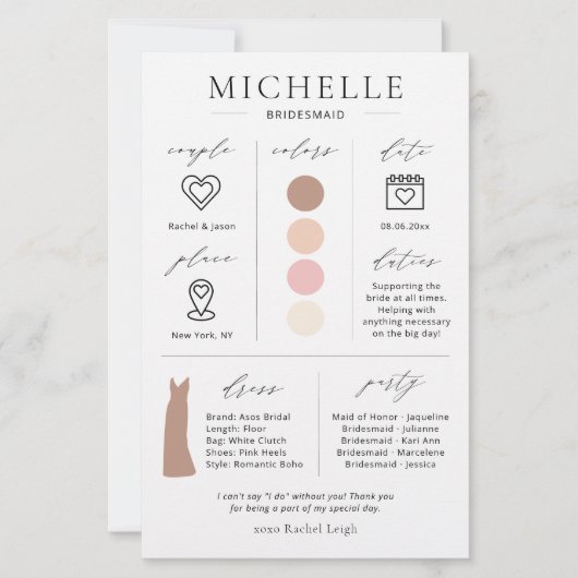 Bridesmaid Info, Colors, Date, Dress Kaart (Voorkant)