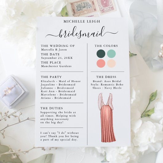 Bridesmaid Info Kaart - Blauwgroen gegevens, Perzi