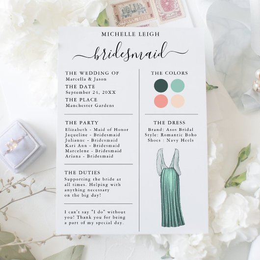 Bridesmaid Info Kaart - Blauwgroen gegevens, Perzi