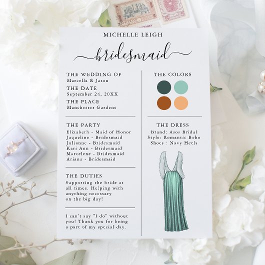 Bridesmaid Info Kaart Details Blauwgroen, Terracot