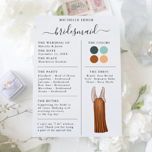 Bridesmaid Info Kaart Details Blauwgroen, Terracot