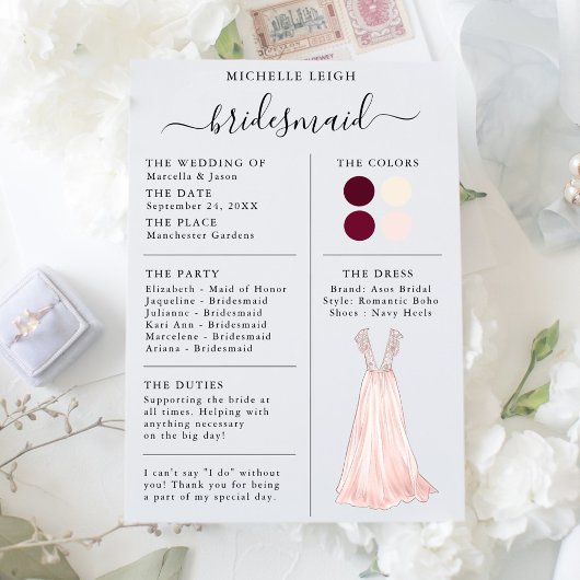 Bridesmaid Info Kaart Details Bourgogne, Roze, Ivo