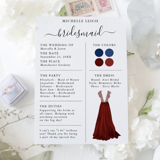 Bridesmaid Info Kaart Details marine & Bourgogne