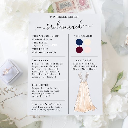Bridesmaid Info Kaart Details marine, Bourgogne, I