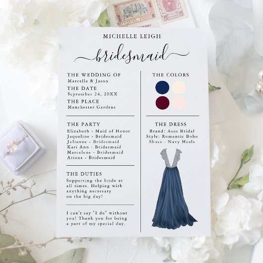 Bridesmaid Info Kaart Details marine, Bourgogne, I