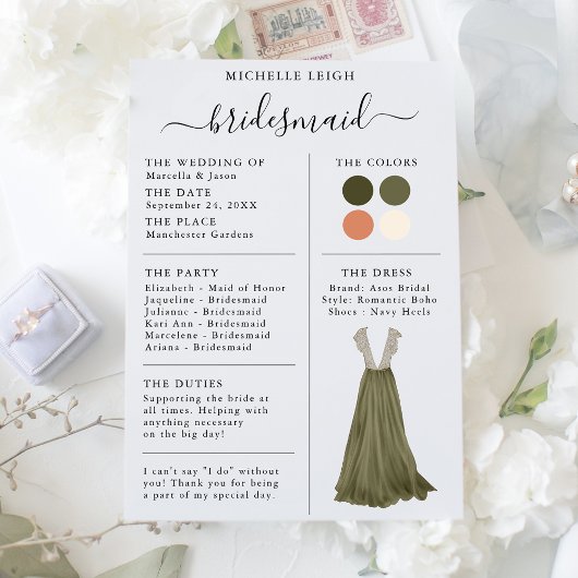 Bridesmaid Info Kaart Details Olive, Clay
