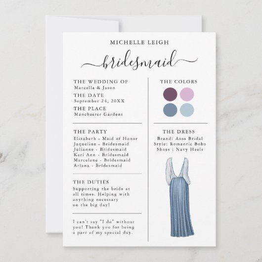 Bridesmaid Info Kaart Details Plum, Lavender, Blue (Voorkant)