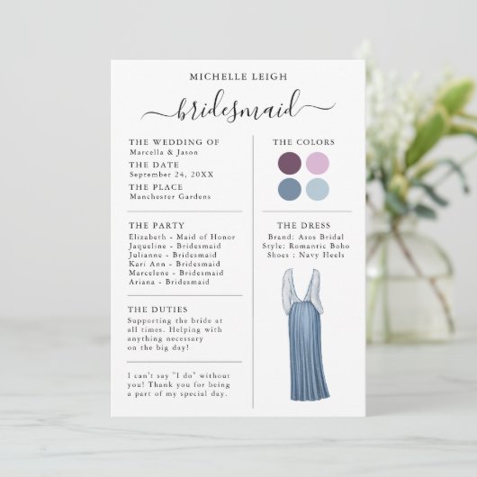 Bridesmaid Info Kaart Details Plum, Lavender, Blue (Staand voorkant)