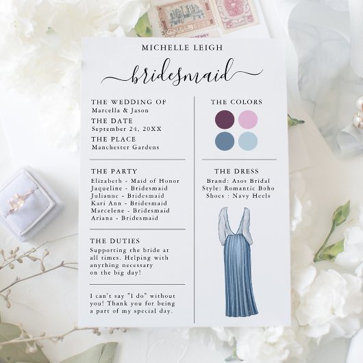 Bridesmaid Info Kaart Details Plum, Lavender, Blue
