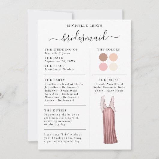 Bridesmaid Info Kaart Details Roos Gold, Roze (Voorkant)
