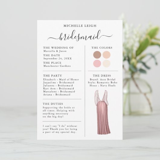 Bridesmaid Info Kaart Details Roos Gold, Roze (Staand voorkant)
