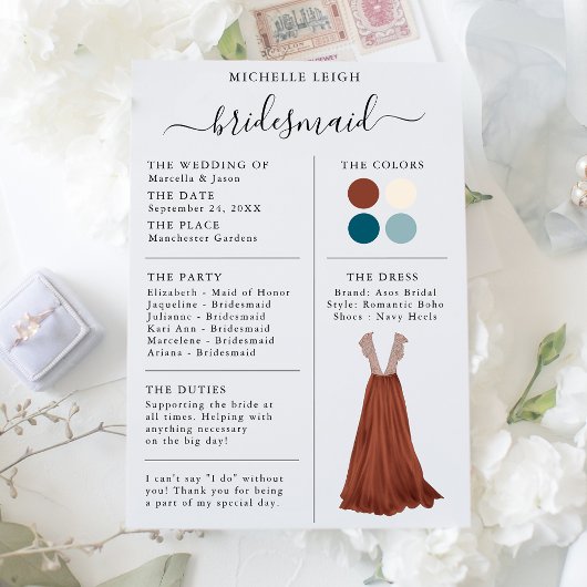 Bridesmaid Info Kaart Details Terracotta, Blauwgro