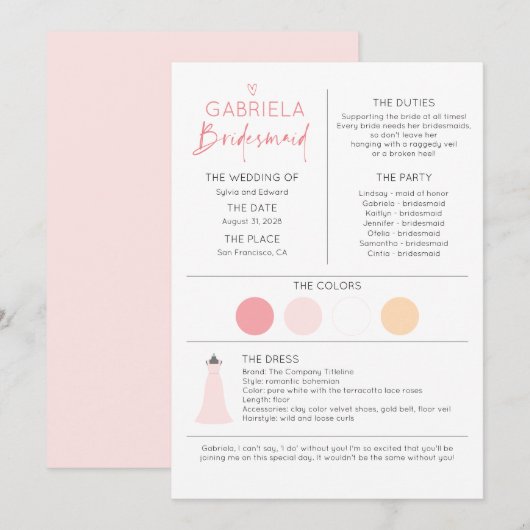 Bridesmaid Information and proposal Kaart Sjabloon (Voorkant / Achterkant)