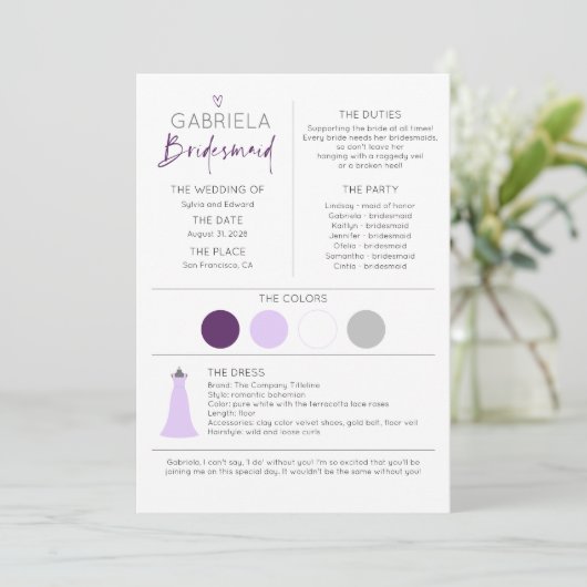 Bridesmaid Information and proposal Kaart Sjabloon (Staand voorkant)