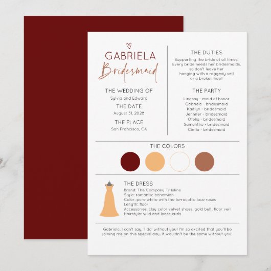 Bridesmaid Information and proposal Kaart Sjabloon (Voorkant / Achterkant)