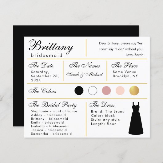 Bridesmaid Information Kaart - Black Gold Wedding (Voorkant / Achterkant)
