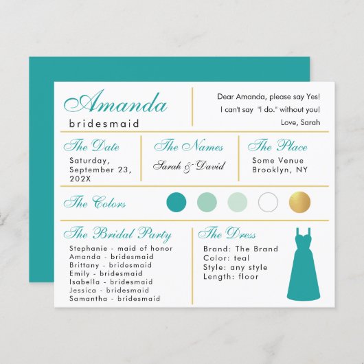 Bridesmaid Information Kaart Blauwgroen Faux Gold  (Voorkant / Achterkant)