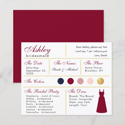 Bridesmaid Information Kaart Burgundy Gold Colors (Voorkant / Achterkant)