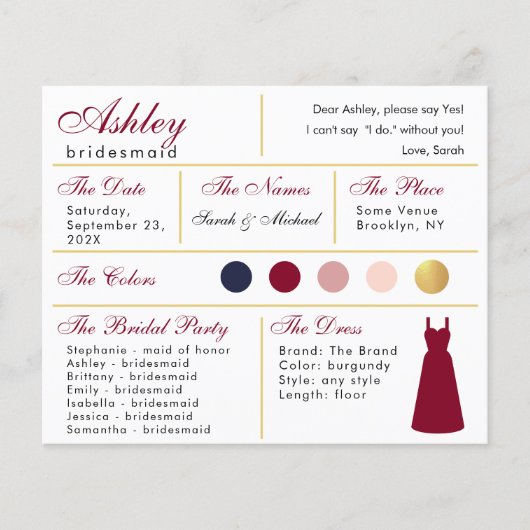 Bridesmaid Information Kaart Burgundy Gold Colors (Voorkant)