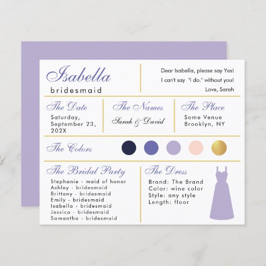Bridesmaid Information Kaart Lavender Paars Gold (Voorkant / Achterkant)