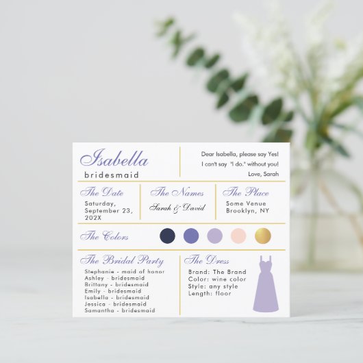 Bridesmaid Information Kaart Lavender Paars Gold (Staand voorkant)