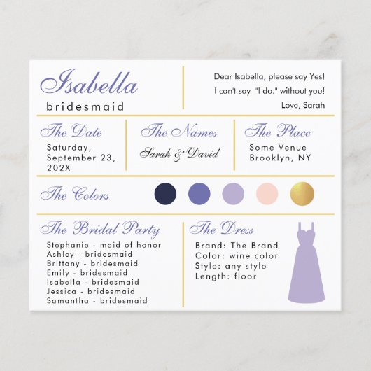 Bridesmaid Information Kaart Lavender Paars Gold (Voorkant)