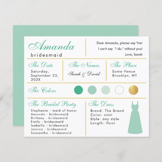 Bridesmaid Information Kaart Mint Green Faux Gold (Voorkant / Achterkant)