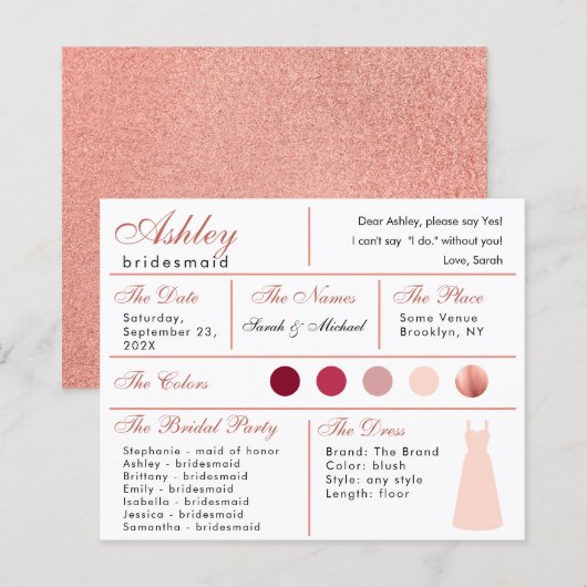 Bridesmaid Information Kaart Roos Gold Blush Pink (Voorkant / Achterkant)