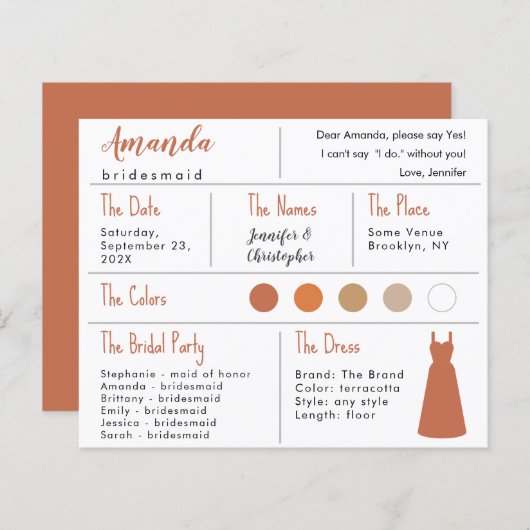 Bridesmaid Information Kaart - Terracotta Neutrals (Voorkant / Achterkant)