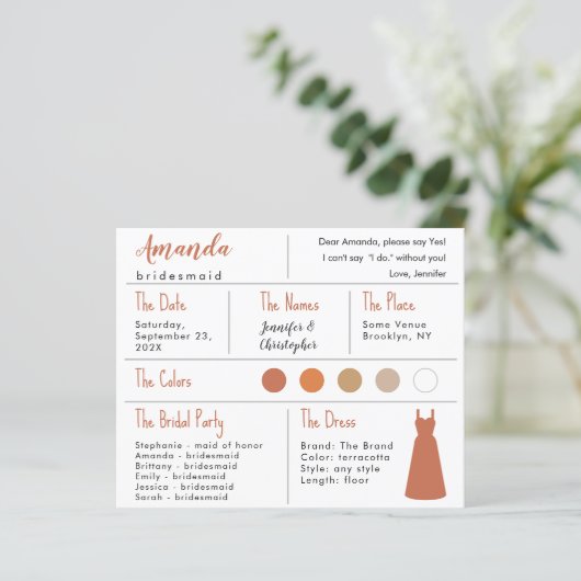 Bridesmaid Information Kaart - Terracotta Neutrals (Staand voorkant)