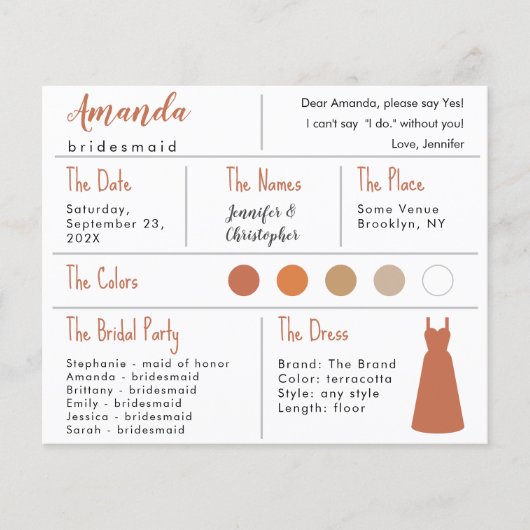 Bridesmaid Information Kaart - Terracotta Neutrals (Voorkant)