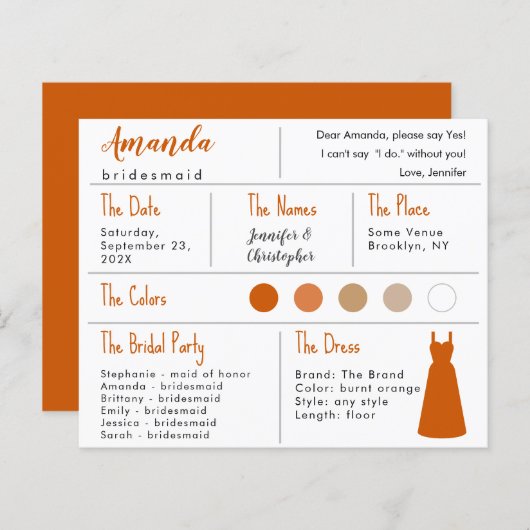 Bridesmaid Information Kaart - verbrande Oranje dr (Voorkant / Achterkant)