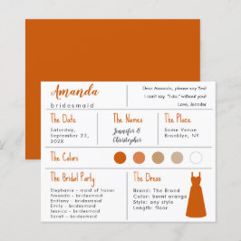 Bridesmaid Information Kaart - verbrande Oranje dr