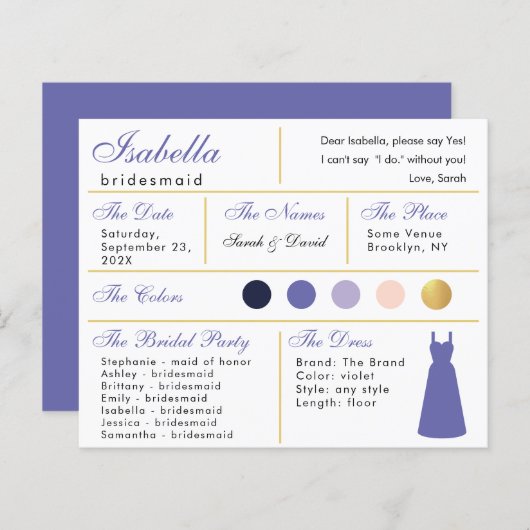 Bridesmaid Information Kaart Violet Paars Gold (Voorkant / Achterkant)